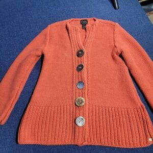 Pure Handknit Coral Orange Textured Button Up Heavywight Cardigan Sweater M/L